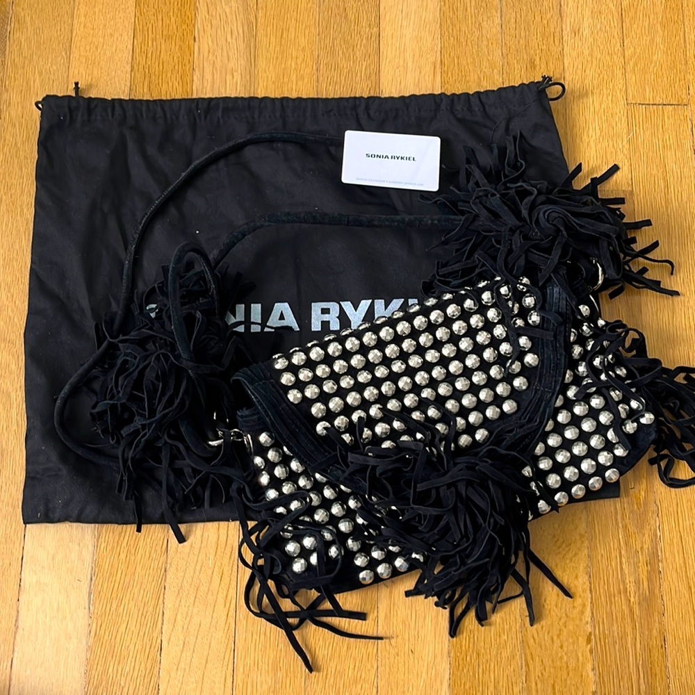 Sonia Rykiel black suede with silver studs and fringes handbag with dust bag
